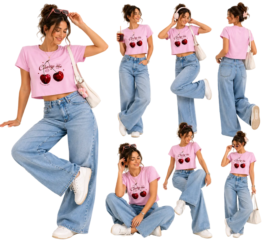Woman wearing a pink t-shirt with cherry design and blue jeans, posing in various positions.