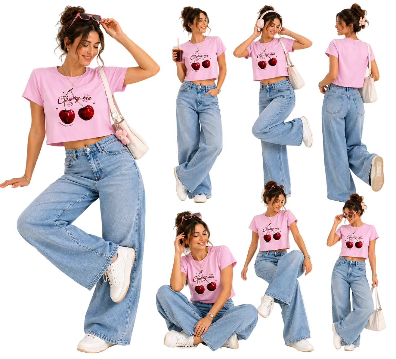 Woman wearing a pink t-shirt with cherry design and blue jeans, posing in various positions.